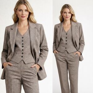 Banana Republic Tan/Br/Olive Lido Plaid Women’s 3 Piece Italian Wool Suit Sz 12